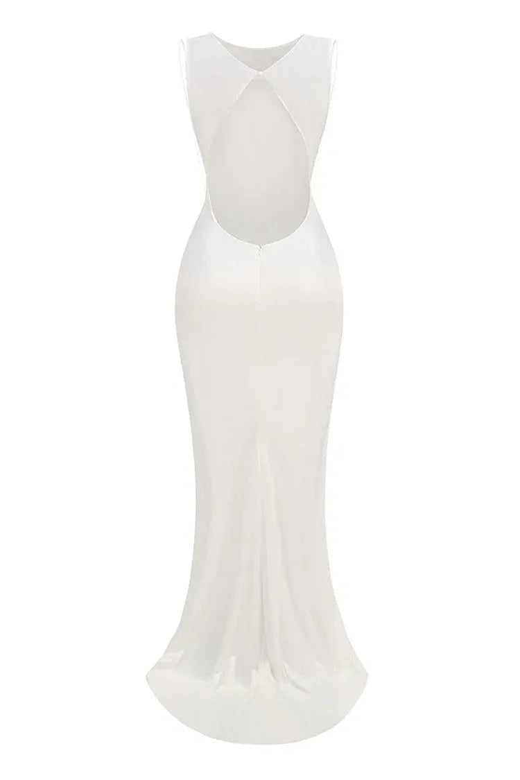 Elegant Mermaid Scoop-Neck Sleeveless Keyhole-Back Satin Ivory Floor-Length Evening Dress for Women