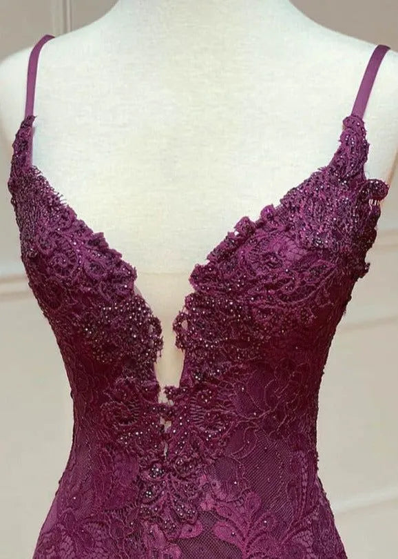 Elegant Mermaid Spaghetti Lace Slit Plum Train Prom Dress Custom