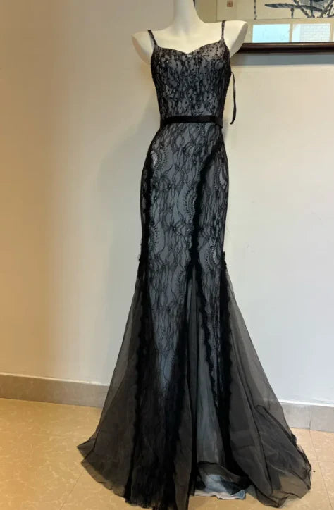 Elegant Mermaid Spaghetti Strap Floral Lace Black Prom Dress Evening Dress