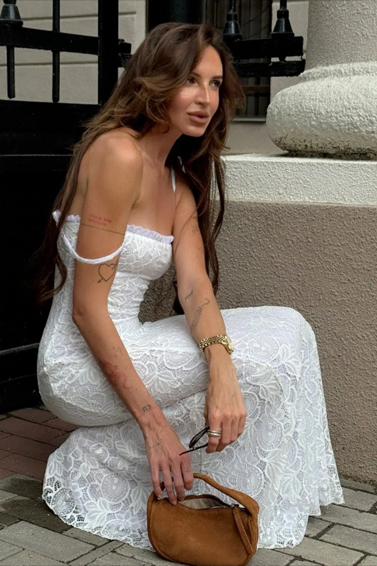 Elegant Mermaid Spaghetti Strap High Waist Ruffle Lace White Long Prom Dress