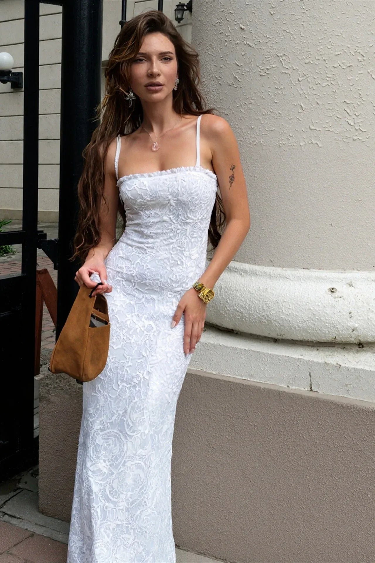 Elegant Mermaid Spaghetti Strap High Waist Ruffle Lace White Long Prom Dress