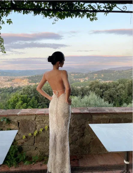 Elegant Mermaid Spaghetti Strap Lace Fitted Ivory Evening Dress For Women