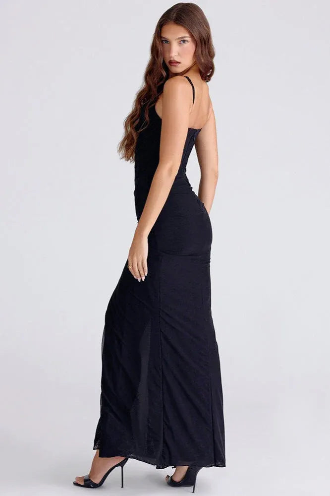 Elegant Mermaid Spaghetti Strap Ruched Black Floor Length Prom Dress For Sale