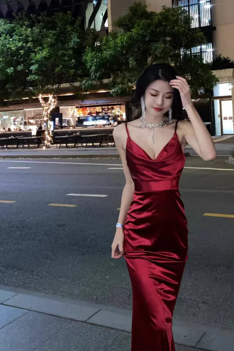 Elegant Mermaid Spaghetti Strap Satin Burgundy Long Evening Dress Birthday Dress