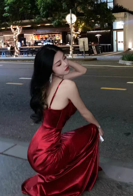 Elegant Mermaid Spaghetti Strap Satin Burgundy Long Evening Dress Birthday Dress