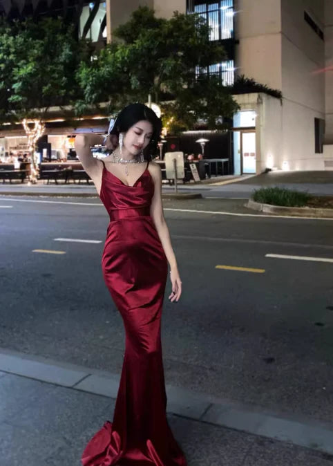 Elegant Mermaid Spaghetti Strap Satin Burgundy Long Evening Dress Birthday Dress