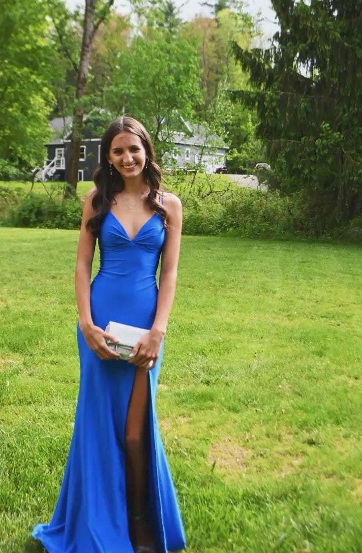 Elegant Mermaid Spaghetti Strap Satin Royal Blue Long Prom Dress With Slit