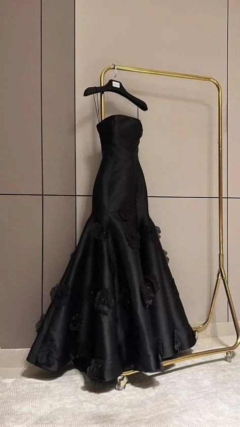 Elegant Mermaid Spaghetti Straps Applique Black Prom Dress Party Dress