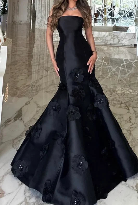 Elegant Mermaid Spaghetti Straps Applique Black Prom Dress Party Dress