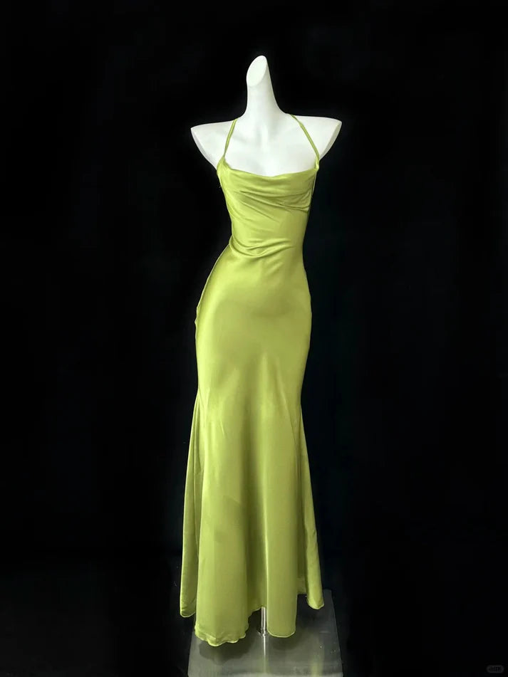 Elegant Mermaid Spaghetti Straps Backless Satin Green Long Party Dress