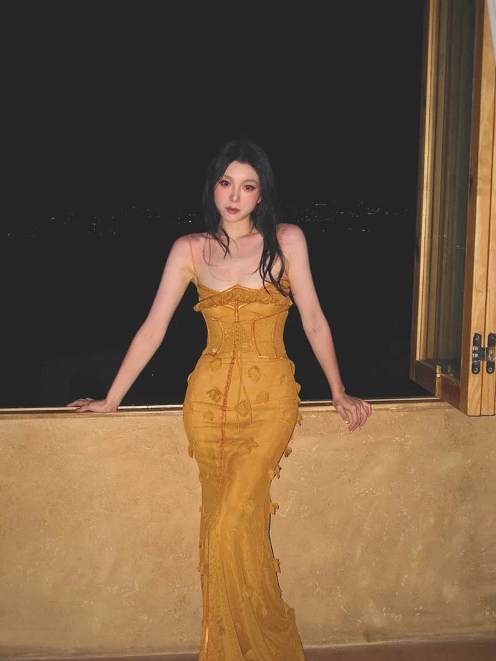 Elegant Mermaid Spaghetti Straps Chiffon Yellow Evening Dress Prom Dress