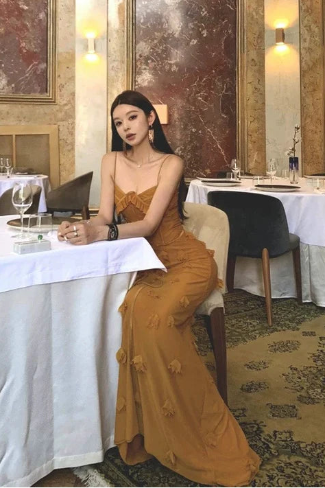 Elegant Mermaid Spaghetti Straps Chiffon Yellow Evening Dress Prom Dress