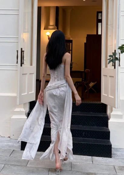 Elegant Mermaid Spaghetti Straps Corset Chiffon White Evening Dress