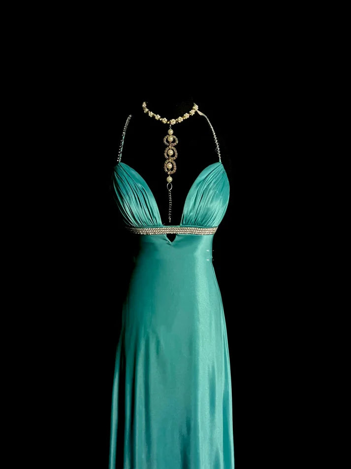 Elegant Mermaid Spaghetti Straps Rhinestones Satin Blue Long Evening Dress