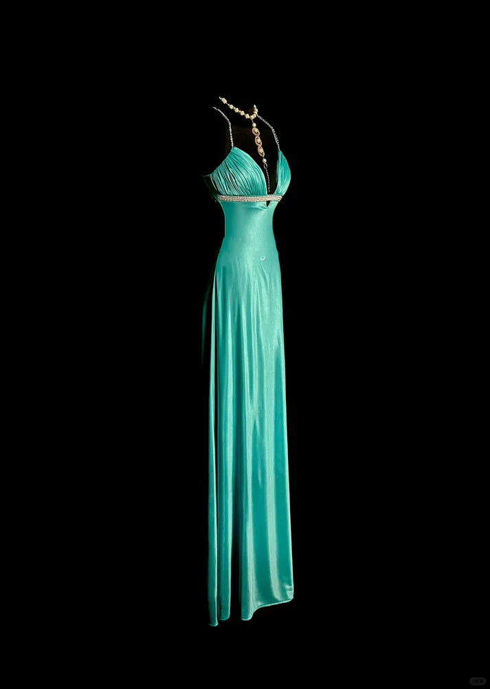 Elegant Mermaid Spaghetti Straps Rhinestones Satin Blue Long Evening Dress