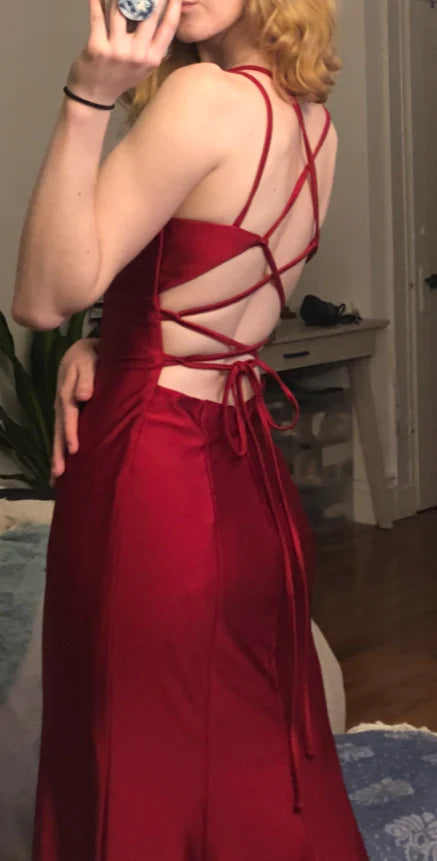 Elegant Mermaid Spaghetti Straps Satin Burgundy Long Prom Dress