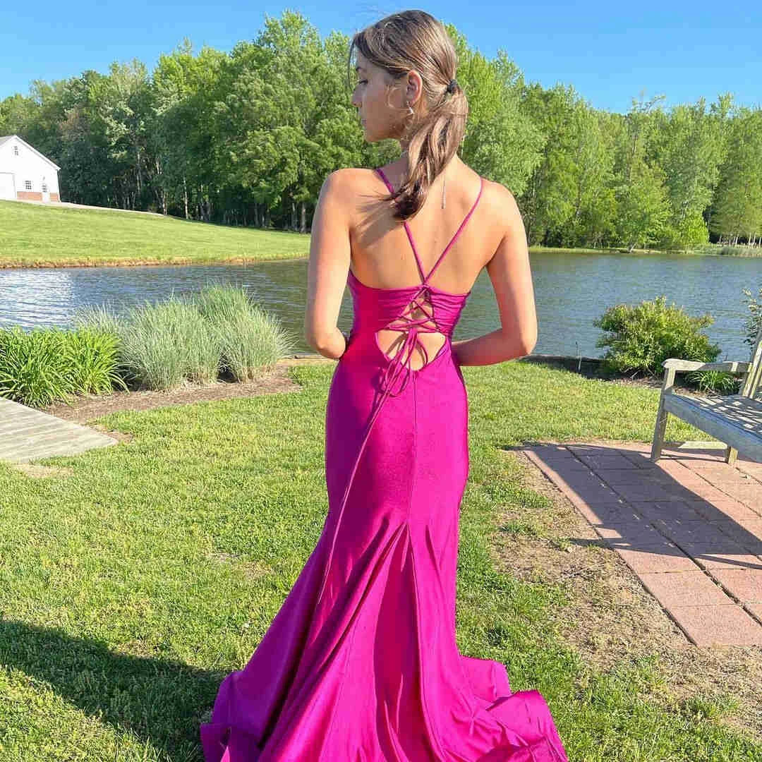 Elegant Mermaid Spaghetti Straps Satin Hot Pink Long Prom Dress