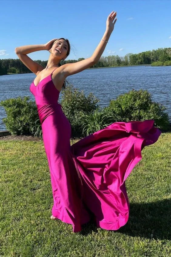 Elegant Mermaid Spaghetti Straps Satin Hot Pink Long Prom Dress