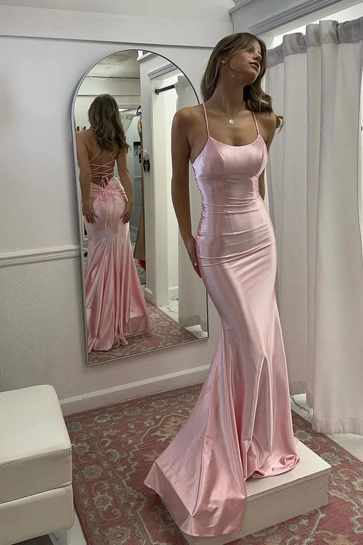 Elegant Mermaid Spaghetti Straps Satin Pink Long Prom Dress For Women