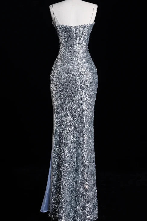 Elegant Mermaid Spaghetti Straps Sequin Silver Long Evening Dresses With Tassels