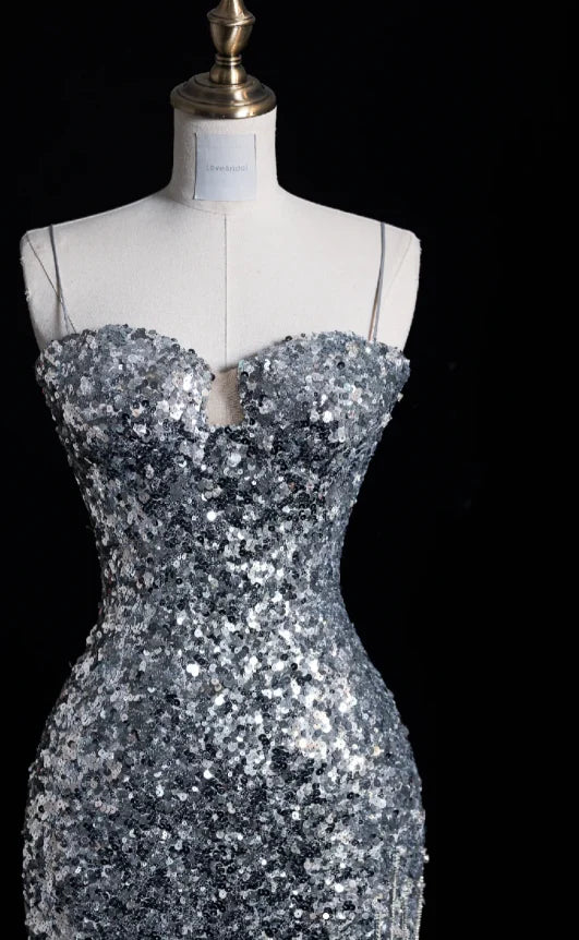 Elegant Mermaid Spaghetti Straps Sequin Silver Long Evening Dresses With Tassels