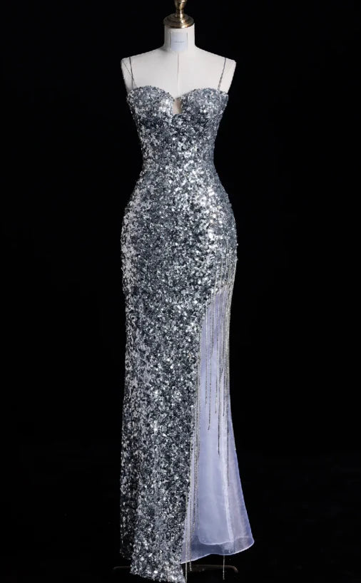 Elegant Mermaid Spaghetti Straps Sequin Silver Long Evening Dresses With Tassels