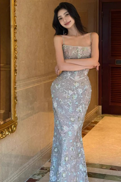 Elegant Mermaid Spaghetti Straps Sequins Long Prom Dresses Evening Dress