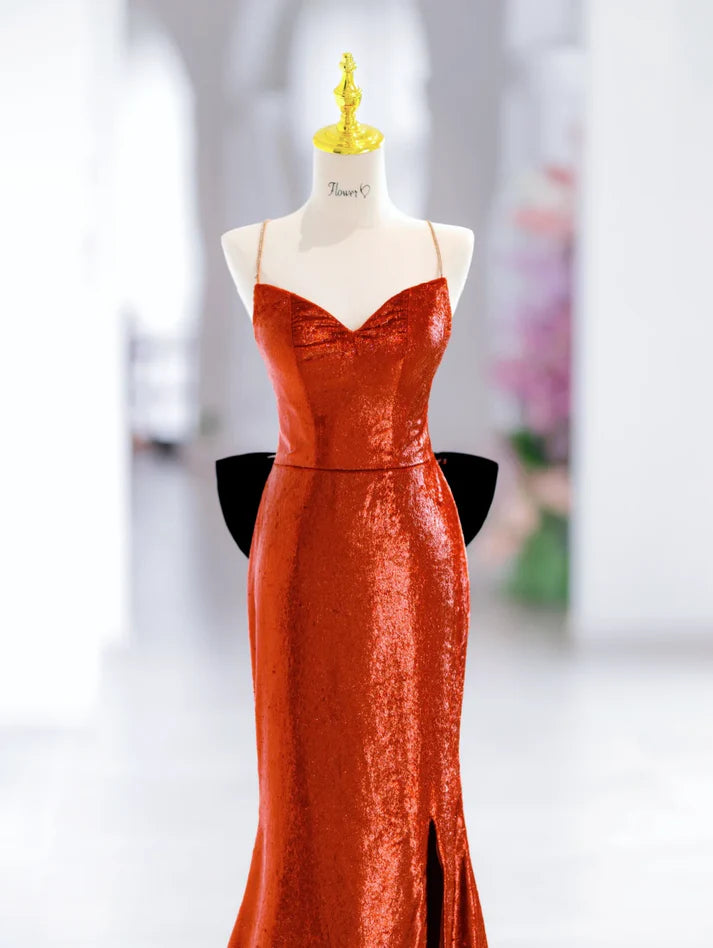 Elegant Mermaid Spaghetti Straps Slit Sequin Long Evening Dress Prom Dress