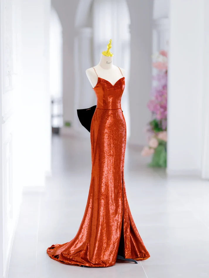 Elegant Mermaid Spaghetti Straps Slit Sequin Long Evening Dress Prom Dress