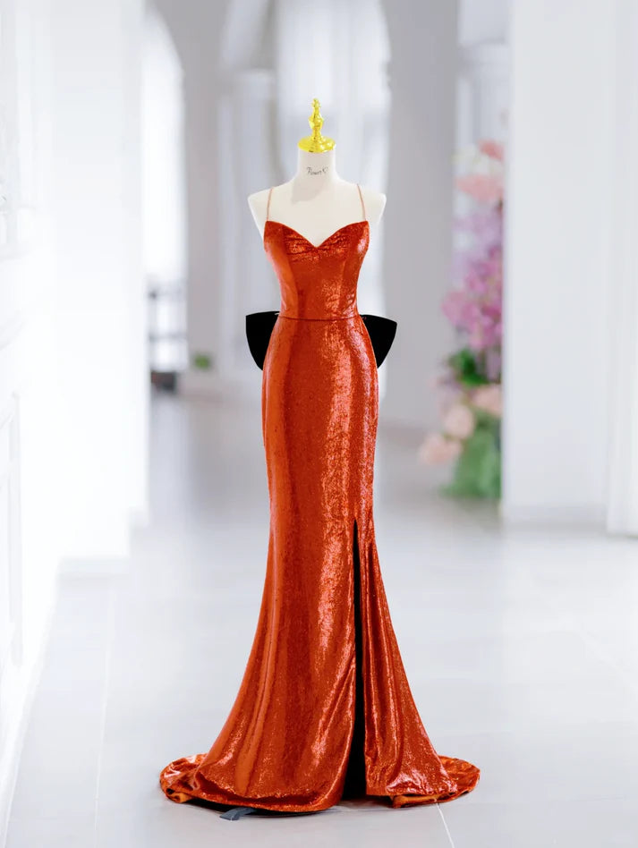 Elegant Mermaid Spaghetti Straps Slit Sequin Long Evening Dress Prom Dress