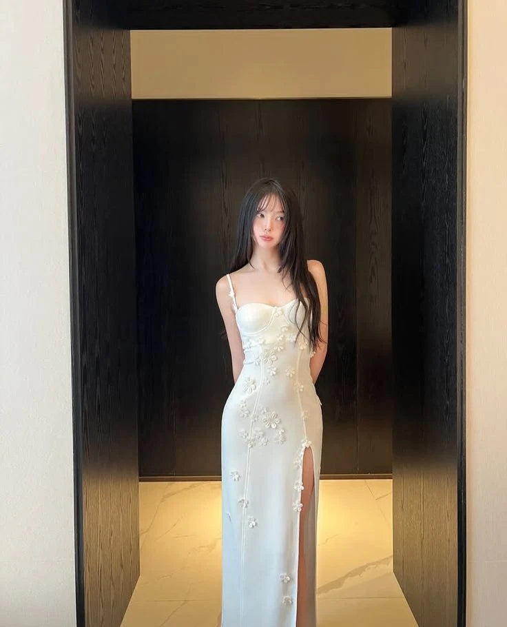Elegant Mermaid Spaghetti Straps Slit White Long Prom Dress With Applique