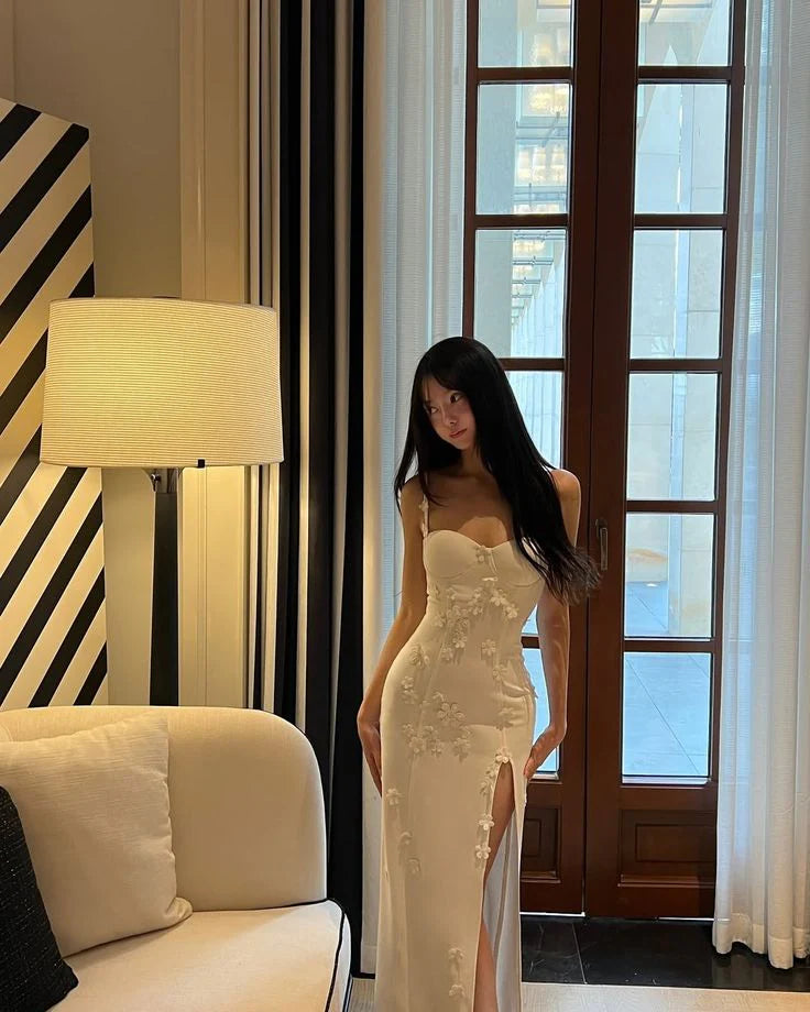 Elegant Mermaid Spaghetti Straps Slit White Long Prom Dress With Applique