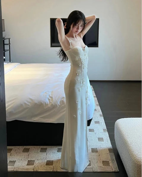 Elegant Mermaid Spaghetti Straps Slit White Long Prom Dress With Applique