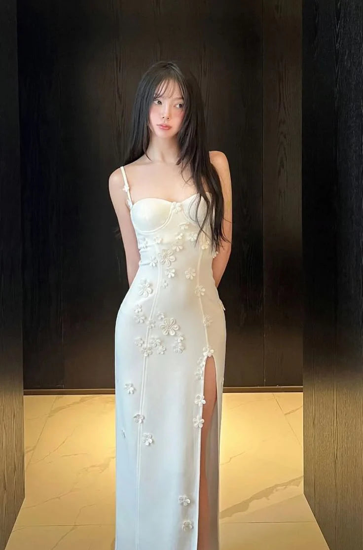 Elegant Mermaid Spaghetti Straps Slit White Long Prom Dress With Applique