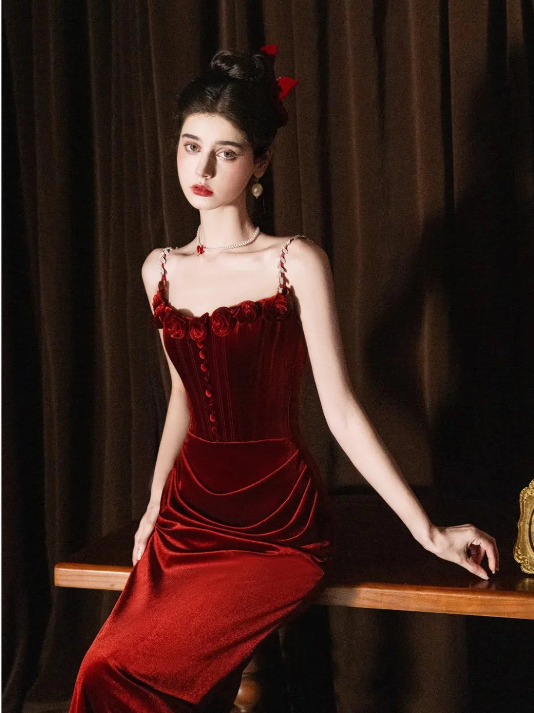 Elegant Mermaid Spaghetti Straps Velvet Burgundy Prom Dress Evening Dress Hot Sale