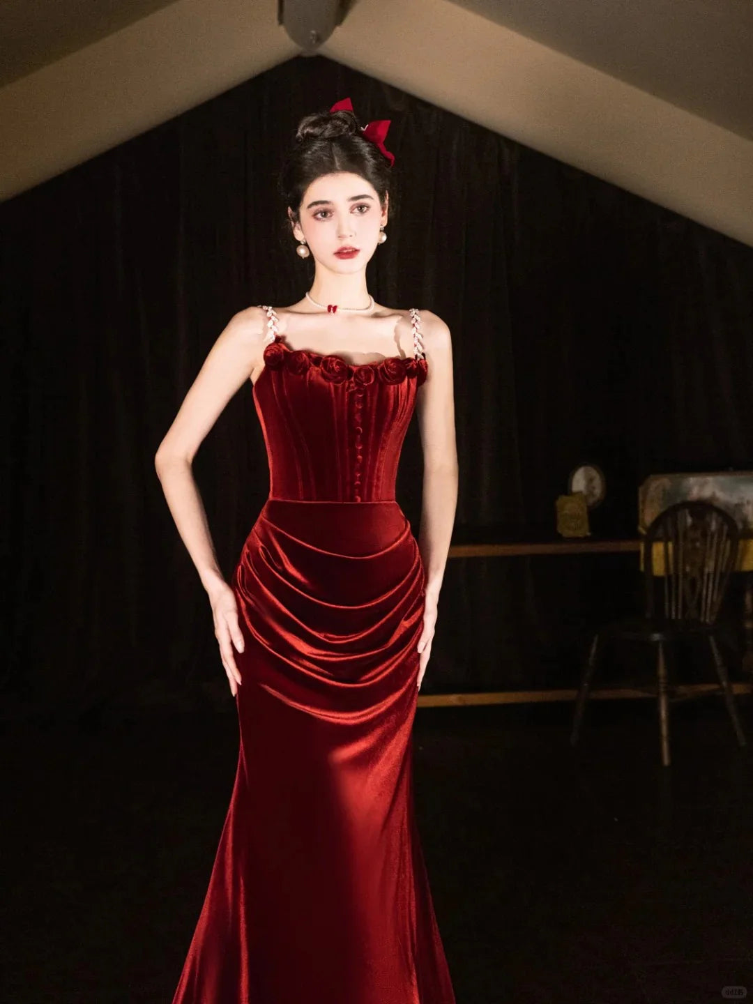 Elegant Mermaid Spaghetti Straps Velvet Burgundy Prom Dress Evening Dress Hot Sale
