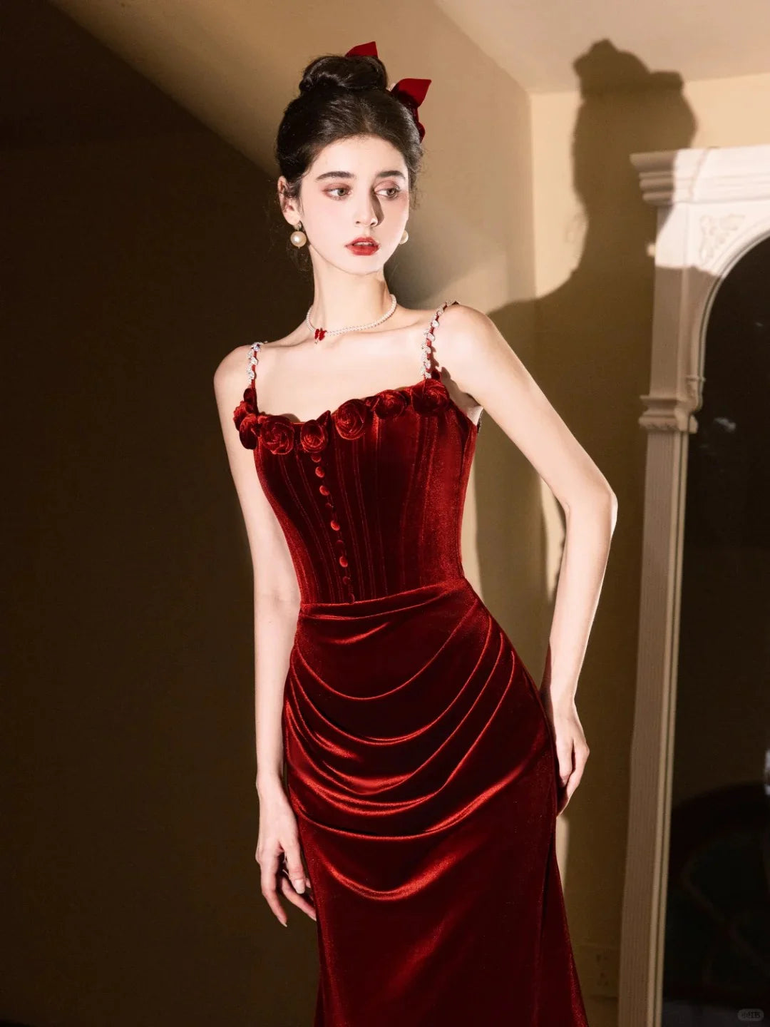 Elegant Mermaid Spaghetti Straps Velvet Burgundy Prom Dress Evening Dress Hot Sale