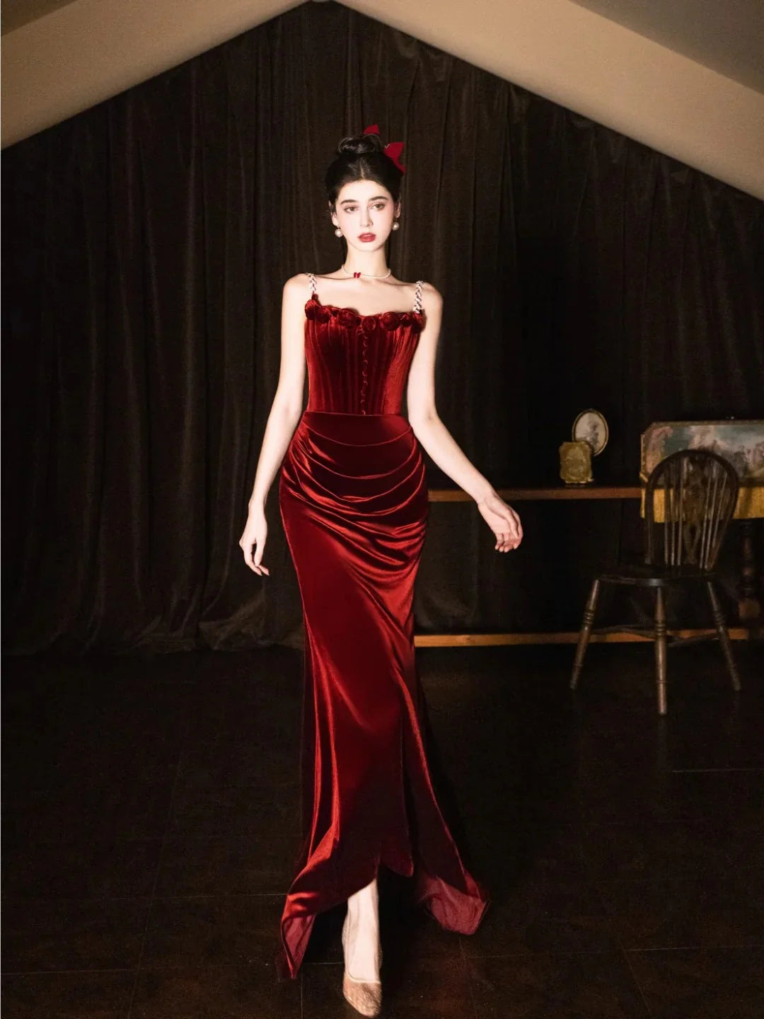 Elegant Mermaid Spaghetti Straps Velvet Burgundy Prom Dress Evening Dress Hot Sale