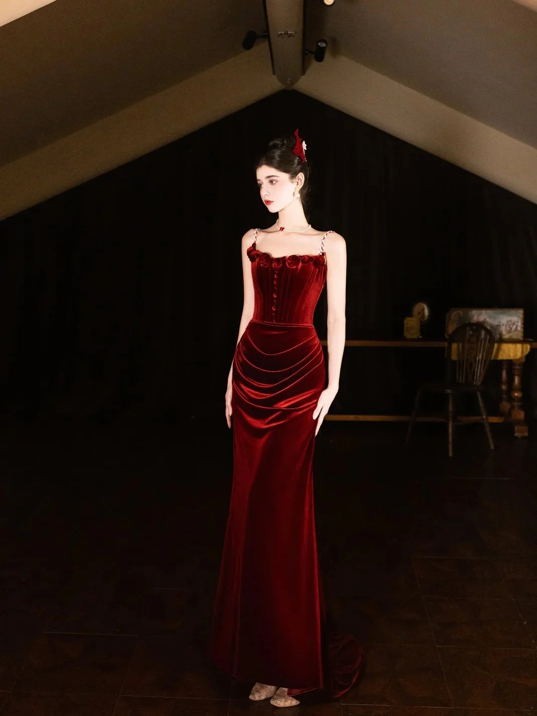 Elegant Mermaid Spaghetti Straps Velvet Burgundy Prom Dress Evening Dress Hot Sale