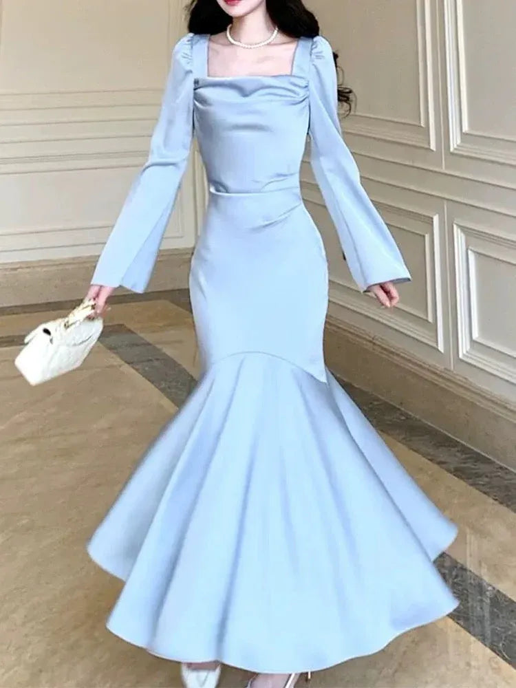 Elegant Mermaid Square-Neck Long-Sleeve Satin Light Blue Floor-Length Prom Dress for Women