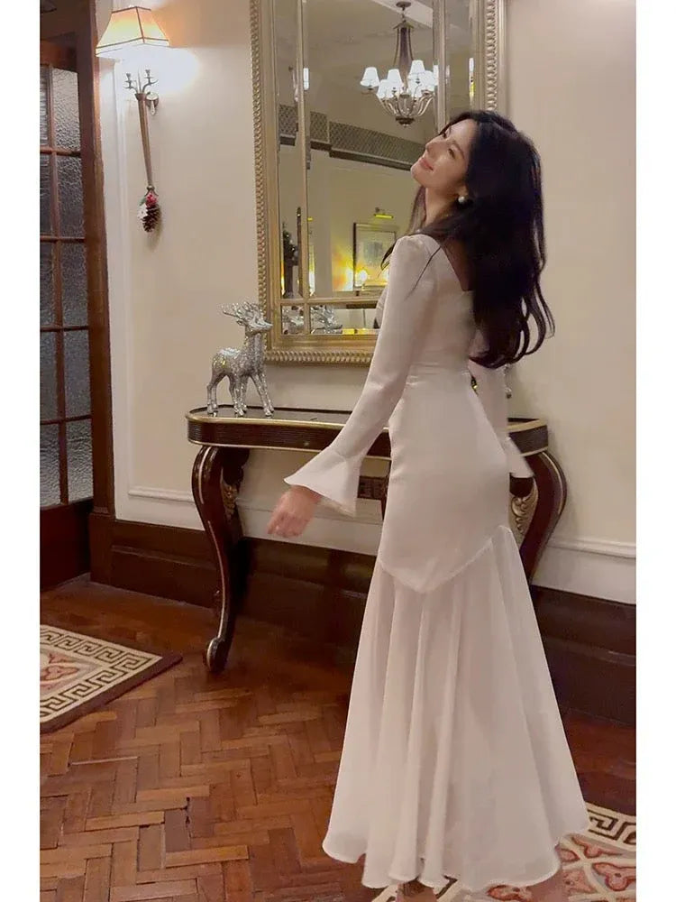Elegant Mermaid Square-Neck Long-Sleeve Sheer Chiffon White Floor-Length Prom Dress for Women