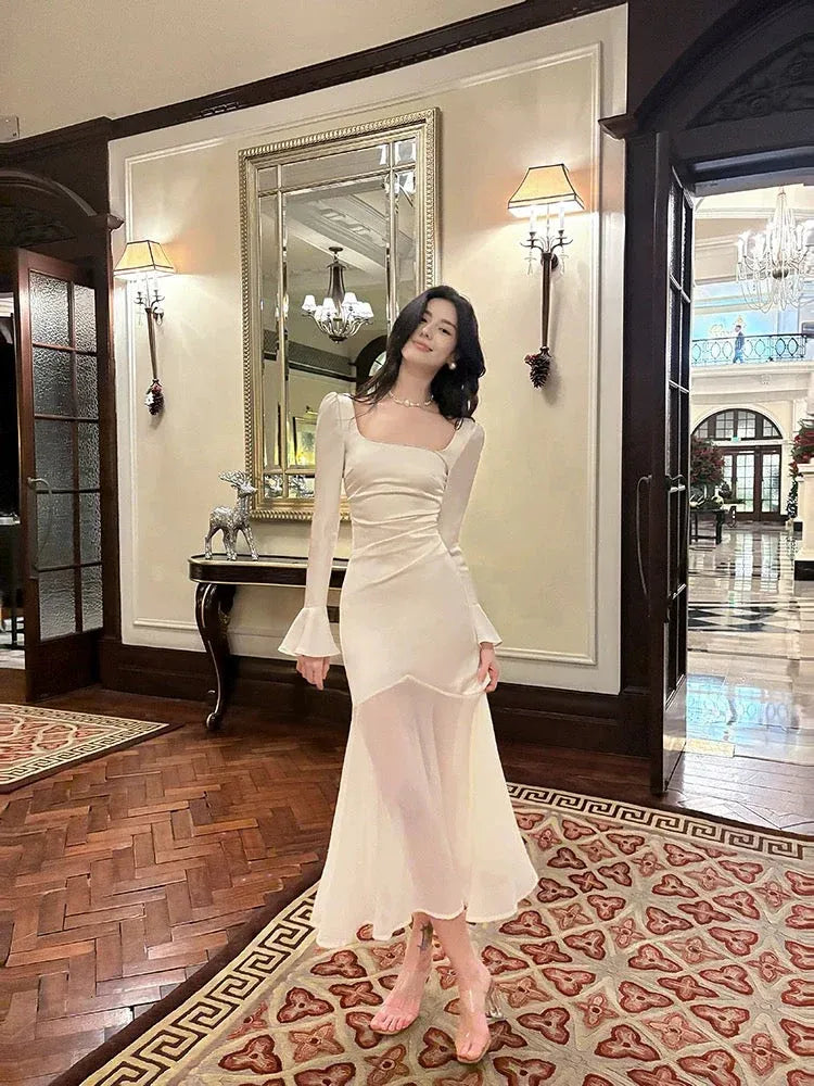 Elegant Mermaid Square-Neck Long-Sleeve Sheer Chiffon White Floor-Length Prom Dress for Women