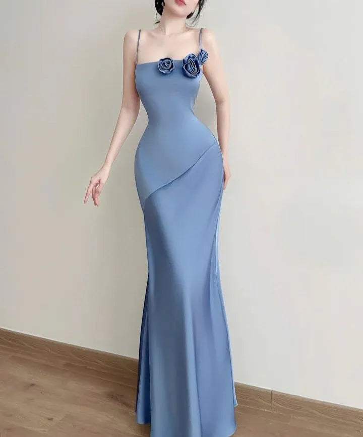 Elegant Mermaid Square-Neck Sleeveless Rose-Accent Blue Long Prom Dress for Women Ready to Ship