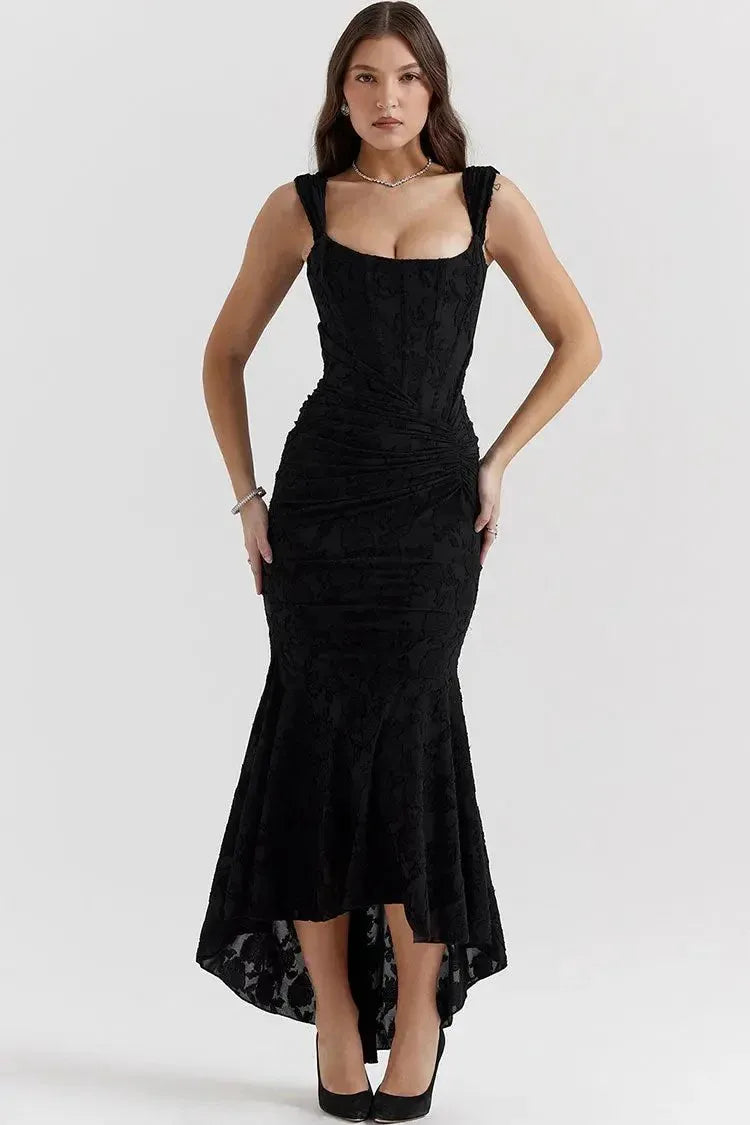 Elegant Mermaid Square-Neck Sleeveless Ruched-Lace Black High-Low Evening Dress for Women