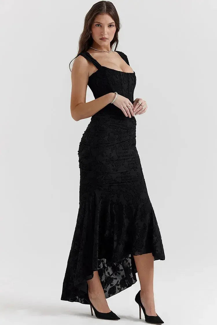 Elegant Mermaid Square-Neck Sleeveless Ruched-Lace Black High-Low Evening Dress for Women