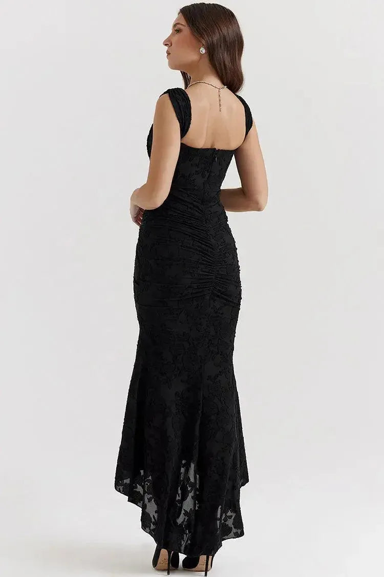 Elegant Mermaid Square-Neck Sleeveless Ruched-Lace Black High-Low Evening Dress for Women