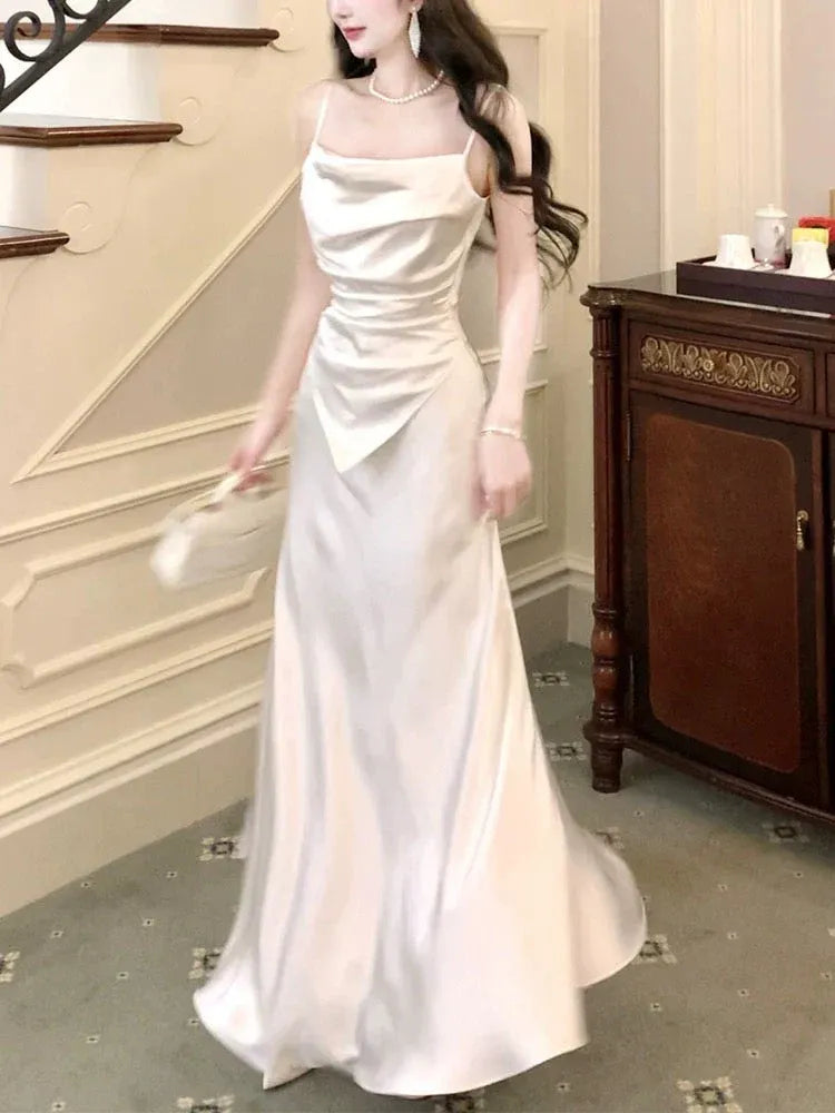 Elegant Mermaid Square-Neck Sleeveless Ruched Satin Ivory Floor-Length Evening Dress for Women