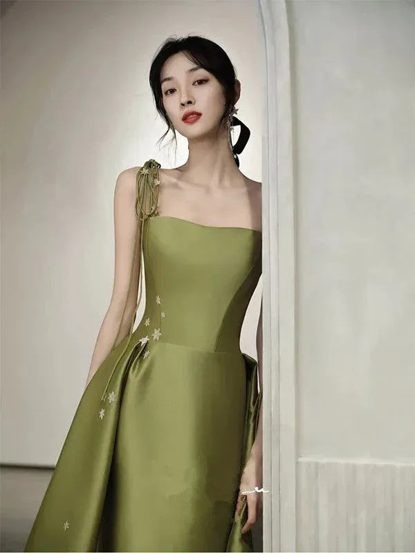 Elegant Mermaid Square-Neck Sleeveless Tied Olive Green Long Prom Dress for Women Ready to Ship