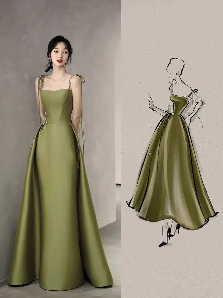 Elegant Mermaid Square-Neck Sleeveless Tied Olive Green Long Prom Dress for Women Ready to Ship