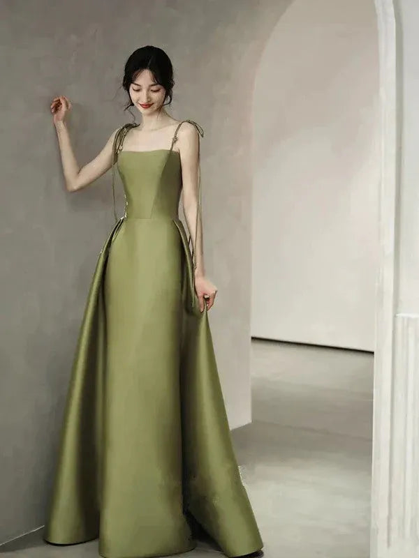 Elegant Mermaid Square-Neck Sleeveless Tied Olive Green Long Prom Dress for Women Ready to Ship